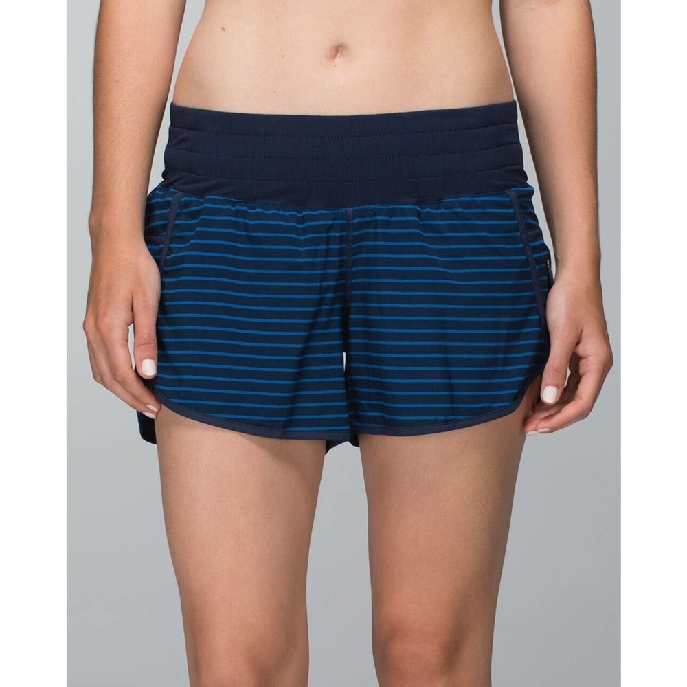 Lululemon Tracker Short 4" Lined Stripe Printed Rugged Blue / Inkwell Womens 10